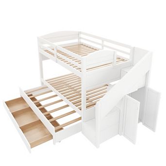 Trikiousd Twin XL Bunk Bed Pine Wood Frame with Trundle, Storage Drawers & Wardrobe