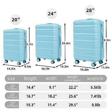 Trikiousd 20"/24"/28" 3 pcs/set in ABS Spinner Wheel Luggage, Carry on Suitcase, Combination Lock