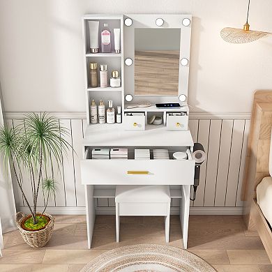 Trikiousd Vanity Set wUpholstered Stool, Compact Dressing Table Desk for Small Bedrooms