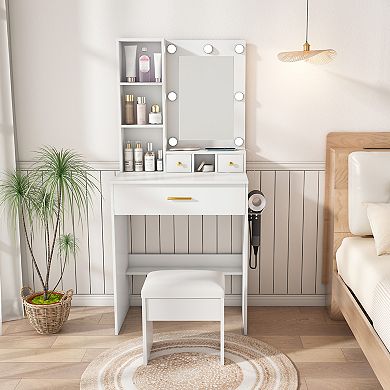 Trikiousd Vanity Set wUpholstered Stool, Compact Dressing Table Desk for Small Bedrooms