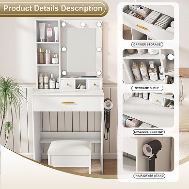 Trikiousd Vanity Set wUpholstered Stool, Compact Dressing Table Desk for Small Bedrooms