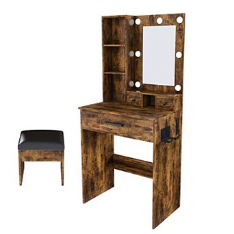 Trikiousd Vanity Set wUpholstered Stool, Compact Dressing Table Desk for Small Bedrooms