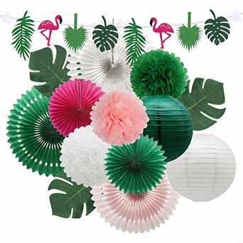 Summer Tropical Decorations Banner, Paper Fans kit 14 pc
