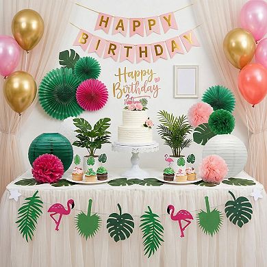 Summer Tropical Decorations Banner, Paper Fans kit 14pc