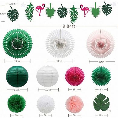 Summer Tropical Decorations Banner, Paper Fans kit 14pc