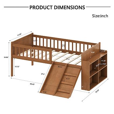 Trikiousd Twin Bed Frame Wooden Platform Loft Bed with Storage Shelf, Slide & Guardrail