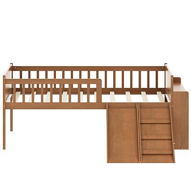 Trikiousd Twin Bed Frame Wooden Platform Loft Bed with Storage Shelf, Slide & Guardrail