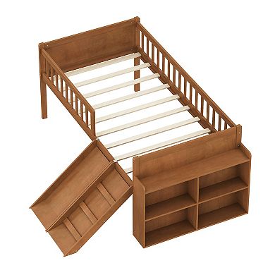 Trikiousd Twin Bed Frame Wooden Platform Loft Bed with Storage Shelf, Slide & Guardrail