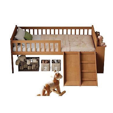 Trikiousd Twin Bed Frame Wooden Platform Loft Bed with Storage Shelf, Slide & Guardrail