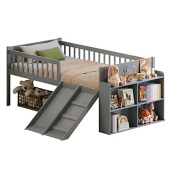 Trikiousd Twin Bed Frame Wooden Platform Loft Bed with Storage Shelf, Slide & Guardrail