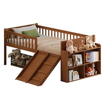 Trikiousd Twin Bed Frame Wooden Platform Loft Bed with Storage Shelf, Slide & Guardrail