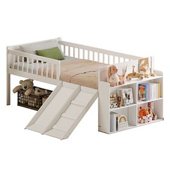 Trikiousd Twin Bed Frame Wooden Platform Loft Bed with Storage Shelf, Slide & Guardrail