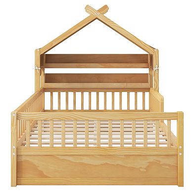 Trikiousd Twin Size Wooden House Bed Low-profile Platform Bed w/Storage Headboard Shelf & Guardrails