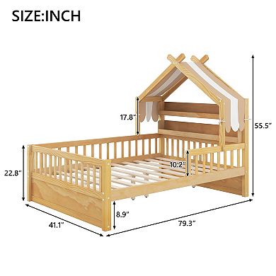 Trikiousd Twin Size Wooden House Bed Low-profile Platform Bed w/Storage Headboard Shelf & Guardrails
