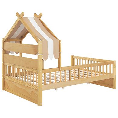 Trikiousd Twin Size Wooden House Bed Low-profile Platform Bed w/Storage Headboard Shelf & Guardrails