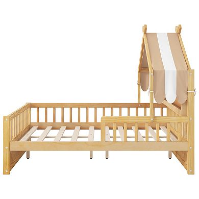 Trikiousd Twin Size Wooden House Bed Low-profile Platform Bed w/Storage Headboard Shelf & Guardrails