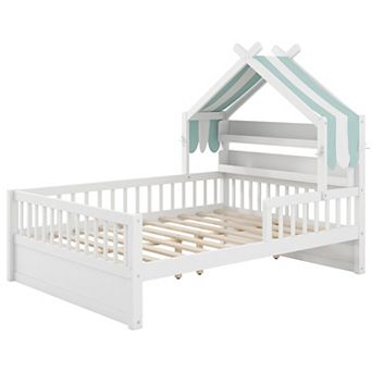 Trikiousd Twin Size Wooden House Bed Low-profile Platform Bed w/Storage Headboard Shelf & Guardrails
