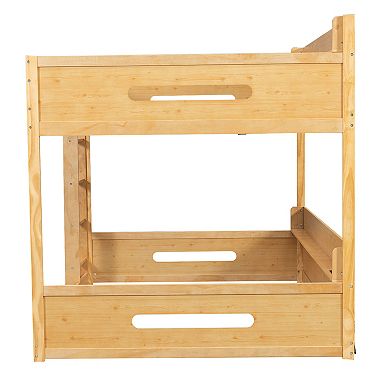 Trikiousd Queen Over Queen Wooden Floor Bunk Bed w/USB Ports, Built-in Storage Shelves