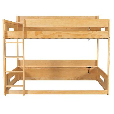 Trikiousd Queen Over Queen Wooden Floor Bunk Bed w/USB Ports, Built-in Storage Shelves