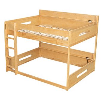 Trikiousd Queen Over Queen Wooden Floor Bunk Bed w/USB Ports, Built-in Storage Shelves