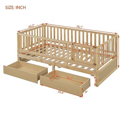 Trikiousd Twin Size Wood Daybed Convertible to 2 Separate Floor Beds with 2 Drawers