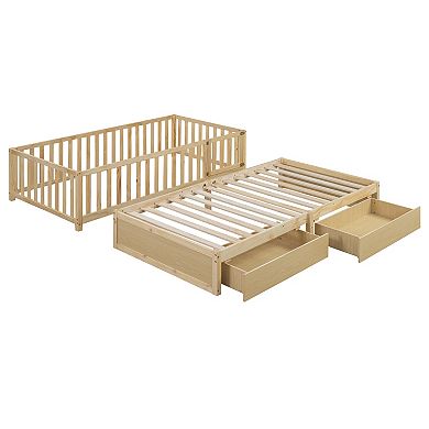 Trikiousd Twin Size Wood Daybed Convertible to 2 Separate Floor Beds with 2 Drawers