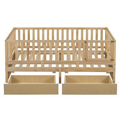 Trikiousd Twin Size Wood Daybed Convertible to 2 Separate Floor Beds with 2 Drawers