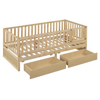 Trikiousd Twin Size Wood Daybed Convertible to 2 Separate Floor Beds with 2 Drawers