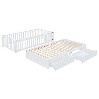 Trikiousd Twin Size Wood Daybed Convertible to 2 Separate Floor Beds with 2 Drawers
