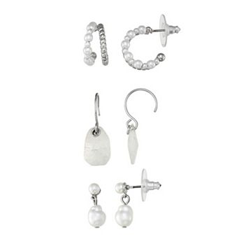 Simply Vera Vera Wang 3-Pair Silver Tone Simulated Pearl Stud & Hoop Earring Set