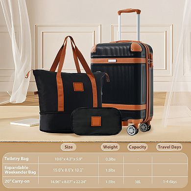 Trikiousd 3-Piece Hardshell Luggage Set 20" Carry-On with Duffel Bag & TSA Lock