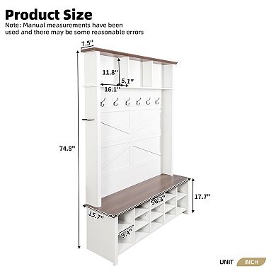 Trikiousd Wood Hall Tree Entryway Shoe Bench with 16 Open Compartments & Adjustable Shelves