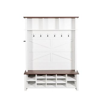 Trikiousd Wood Hall Tree Entryway Shoe Bench with 16 Open Compartments & Adjustable Shelves