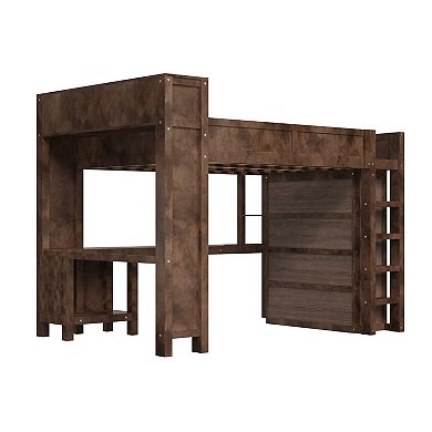 Trikiousd Queen Size Solid Wood Loft Bed Built-in Headboard Shelf with Wardrobe, Desk & USB
