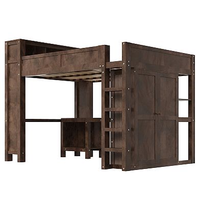 Trikiousd Queen Size Solid Wood Loft Bed Built-in Headboard Shelf with Wardrobe, Desk & USB