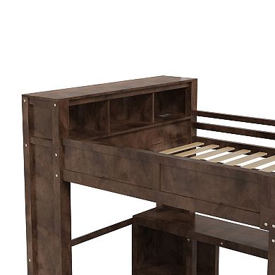 Trikiousd Queen Size Solid Wood Loft Bed Built-in Headboard Shelf with Wardrobe, Desk & USB