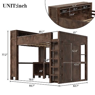 Trikiousd Queen Size Solid Wood Loft Bed Built-in Headboard Shelf with Wardrobe, Desk & USB