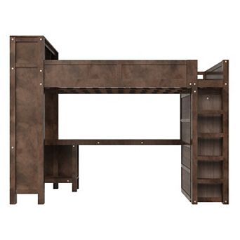 Trikiousd Queen Size Solid Wood Loft Bed Built-in Headboard Shelf with Wardrobe, Desk & USB