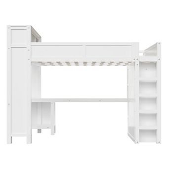Trikiousd Queen Size Solid Wood Loft Bed Built-in Headboard Shelf with Wardrobe, Desk & USB