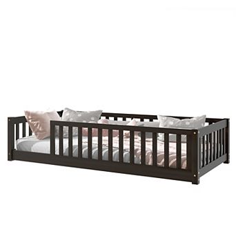 Trikiousd Twin Size Floor Bed Wood Montessori Bed with Fence, No Box Spring Needed