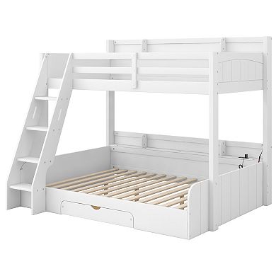 Trikiousd LED Wood Twin over Full Bunk Bed w/ Drawer, Side Storage Shelves & Charging Station