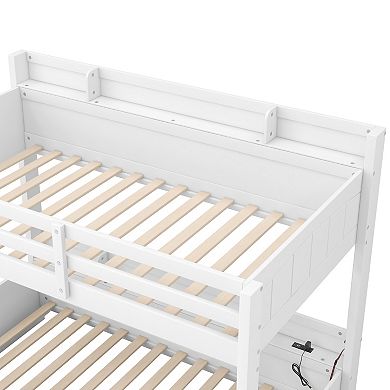 Trikiousd LED Wood Twin over Full Bunk Bed w/ Drawer, Side Storage Shelves & Charging Station