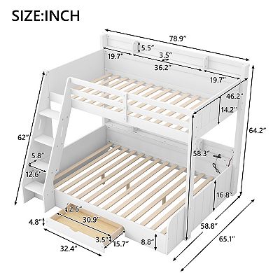 Trikiousd LED Wood Twin over Full Bunk Bed w/ Drawer, Side Storage Shelves & Charging Station