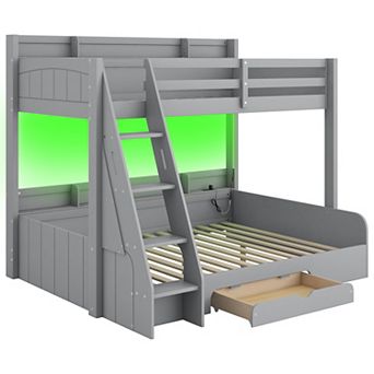 Trikiousd LED Wood Twin over Full Bunk Bed w/ Drawer, Side Storage Shelves & Charging Station
