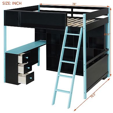 Trikiousd Wood Full Size Esports Gaming Loft Bed w/ Desk, Light, Drawer & Full Wall Storage Shelf