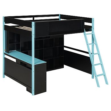 Trikiousd Wood Full Size Esports Gaming Loft Bed w/ Desk, Light, Drawer & Full Wall Storage Shelf