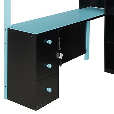 Trikiousd Wood Full Size Esports Gaming Loft Bed w/ Desk, Light, Drawer & Full Wall Storage Shelf