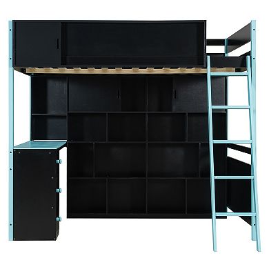 Trikiousd Wood Full Size Esports Gaming Loft Bed w/ Desk, Light, Drawer & Full Wall Storage Shelf