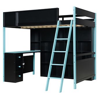 Trikiousd Wood Full Size Esports Gaming Loft Bed w/ Desk, Light, Drawer & Full Wall Storage Shelf