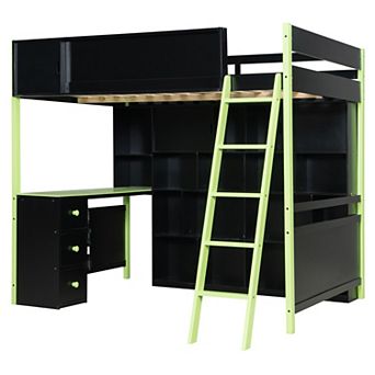 Trikiousd Wood Full Size Esports Gaming Loft Bed w/ Desk, Light, Drawer & Full Wall Storage Shelf